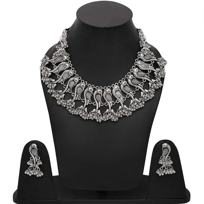 Yellow Chimes Earrings Yellow Chimes Oxidised Jewellery Set for Women Silver Oxidised Jewellery Set Peacock Carved Choker Necklace Set for Women and Girls