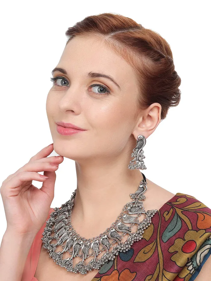 Yellow Chimes Earrings Yellow Chimes Oxidised Jewellery Set for Women Silver Oxidised Jewellery Set Peacock Carved Choker Necklace Set for Women and Girls