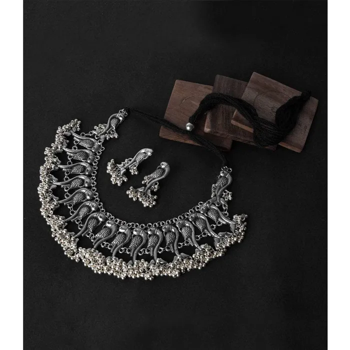 Yellow Chimes Earrings Yellow Chimes Oxidised Jewellery Set for Women Silver Oxidised Jewellery Set Peacock Carved Choker Necklace Set for Women and Girls