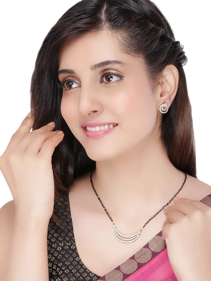 Yellow Chimes Earrings Yellow Chimes Sparkling ADAmerican Diamond Studded Ethnic Traditional Black Beads Mangalsutra Pendant Set with Earrings for Women