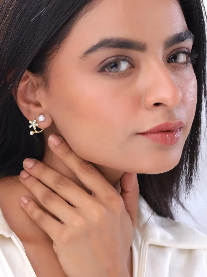 Yellow Chimes Earrings Yellow Chimes Stud Earrings for Women Fashion Golden Studs Earrings for Girls Ear Cuff Jacket Gold Plated Floral Shaped Women Earrings Chic Reverie Birthday Anniversary Gift For Girls Wife