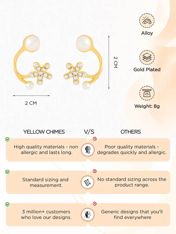 Yellow Chimes Earrings Yellow Chimes Stud Earrings for Women Fashion Golden Studs Earrings for Girls Ear Cuff Jacket Gold Plated Floral Shaped Women Earrings Chic Reverie Birthday Anniversary Gift For Girls Wife