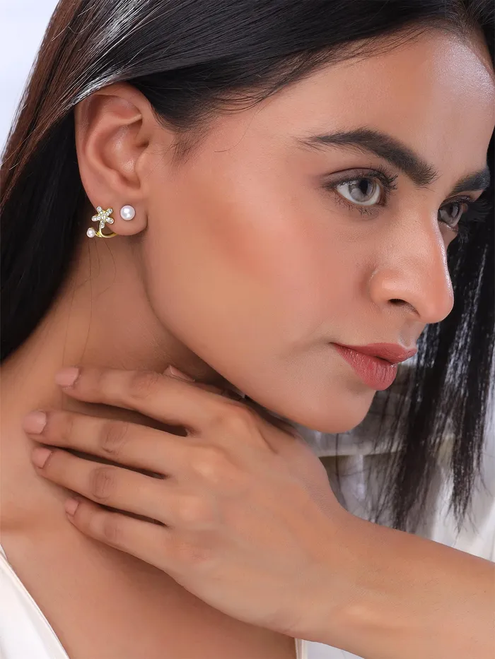 Yellow Chimes Earrings Yellow Chimes Stud Earrings for Women Fashion Golden Studs Earrings for Girls Ear Cuff Jacket Gold Plated Floral Shaped Women Earrings Chic Reverie Birthday Anniversary Gift For Girls Wife