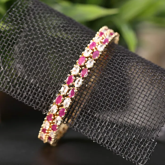 Yellow Chimes Elegant Pink ADAmerican Diamond Studded 18k Gold Plated Designer Handcrafted 2 PCs Bangles Set for Women Girls 24 Yellow Chimes Necklaces