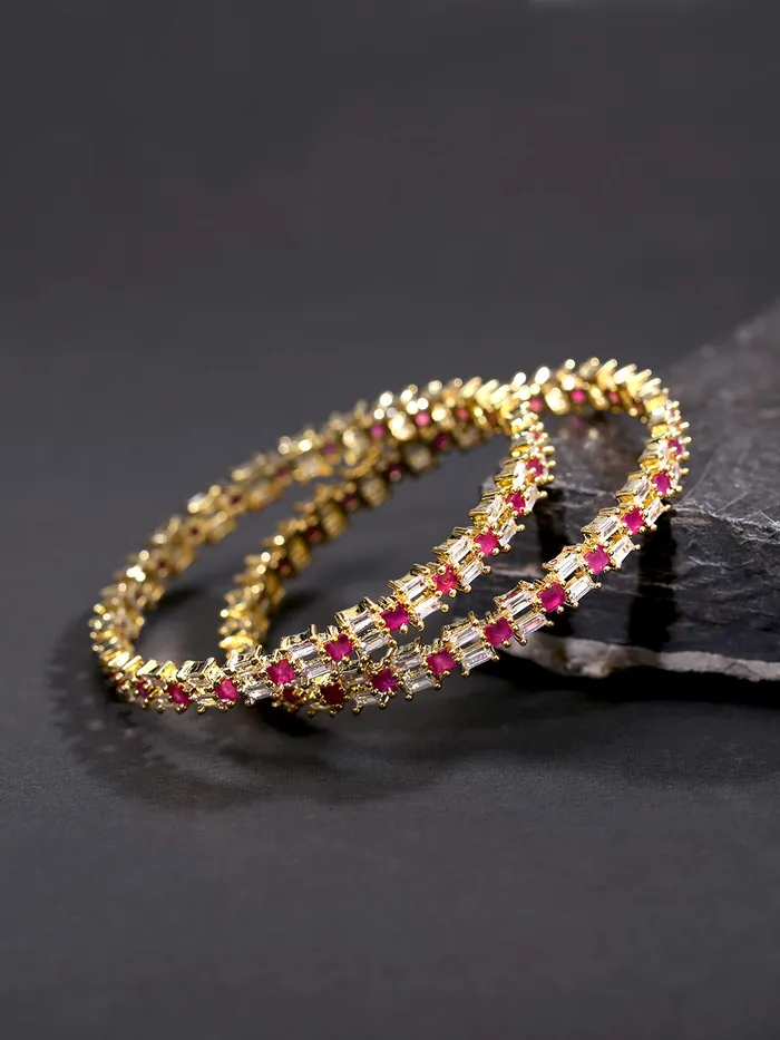 Yellow Chimes Elegant Set of 2 Pcs Pink ADAmerican Diamond Studded 18k Gold Plated Handcrafted Designer Bangles for Women Girls 26 Yellow Chimes Earrings
