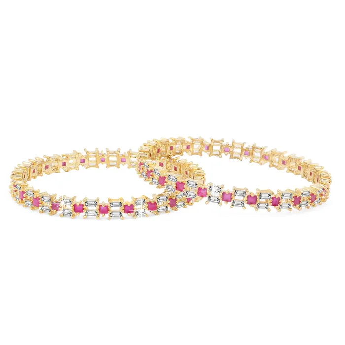 Yellow Chimes Elegant Set of 2 Pcs Pink ADAmerican Diamond Studded 18k Gold Plated Handcrafted Designer Bangles for Women Girls 26 Yellow Chimes Earrings