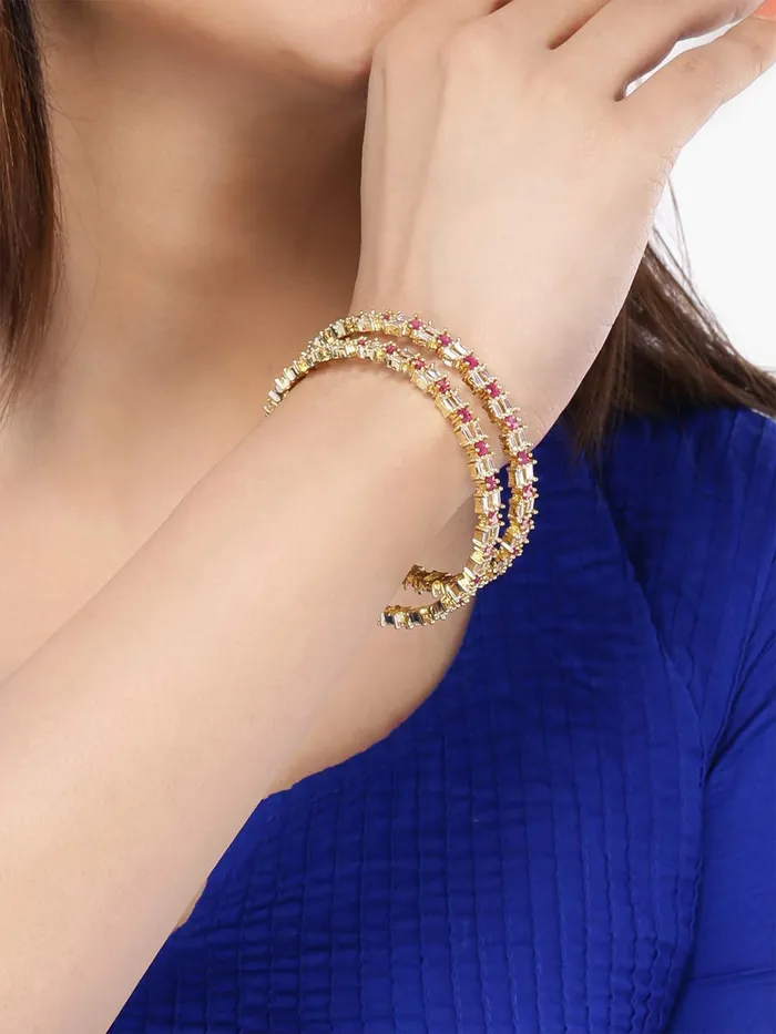 Yellow Chimes Elegant Set of 2 Pcs Pink ADAmerican Diamond Studded 18k Gold Plated Handcrafted Designer Bangles for Women Girls 26 Yellow Chimes Earrings