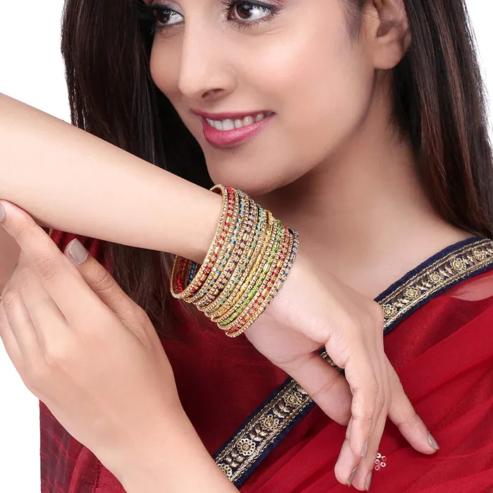 Yellow Chimes Ethnic Gold Plated Threaded Stones Multicolor Traditional 16 Pcs Bangles Set for Women and Girls Yellow Chimes Necklaces