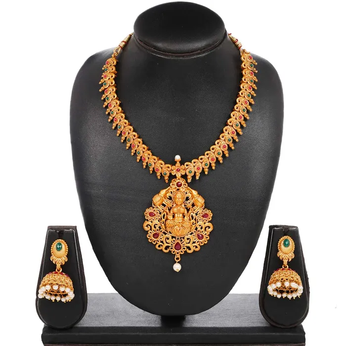 Yellow Chimes Ethnic Temple Jewellery Set Gold Plated Lakshmi Devi Jewelry Set Traditional Necklace Set by Yellow Chimes Gold Plated Jewellery Set for Women Goldenred YCTJNS11LAKMIGL Yellow Chimes Earrings