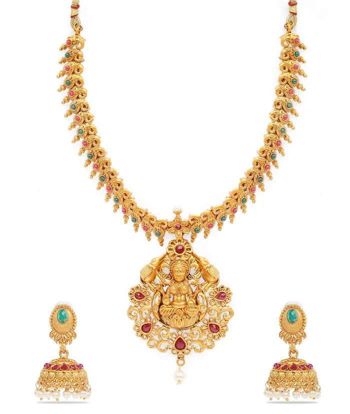 Yellow Chimes Ethnic Temple Jewellery Set Gold Plated Lakshmi Devi Jewelry Set Traditional Necklace Set by Yellow Chimes Gold Plated Jewellery Set for Women Goldenred YCTJNS11LAKMIGL Yellow Chimes Earrings