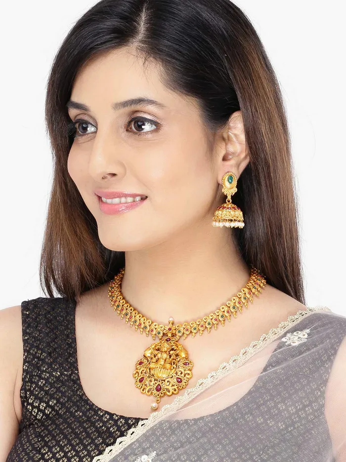 Yellow Chimes Ethnic Temple Jewellery Set Gold Plated Lakshmi Devi Jewelry Set Traditional Necklace Set by Yellow Chimes Gold Plated Jewellery Set for Women Goldenred YCTJNS11LAKMIGL Yellow Chimes Earrings