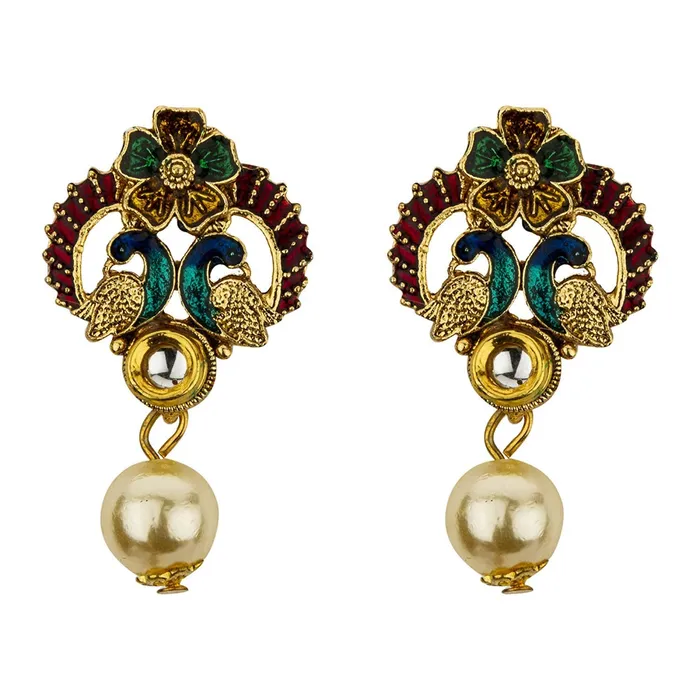 Yellow Chimes Exclusive Traditional Floral Peacock Desaign Pearl Kundan Necklace with Drop Earrings for Women Yellow Chimes Earrings