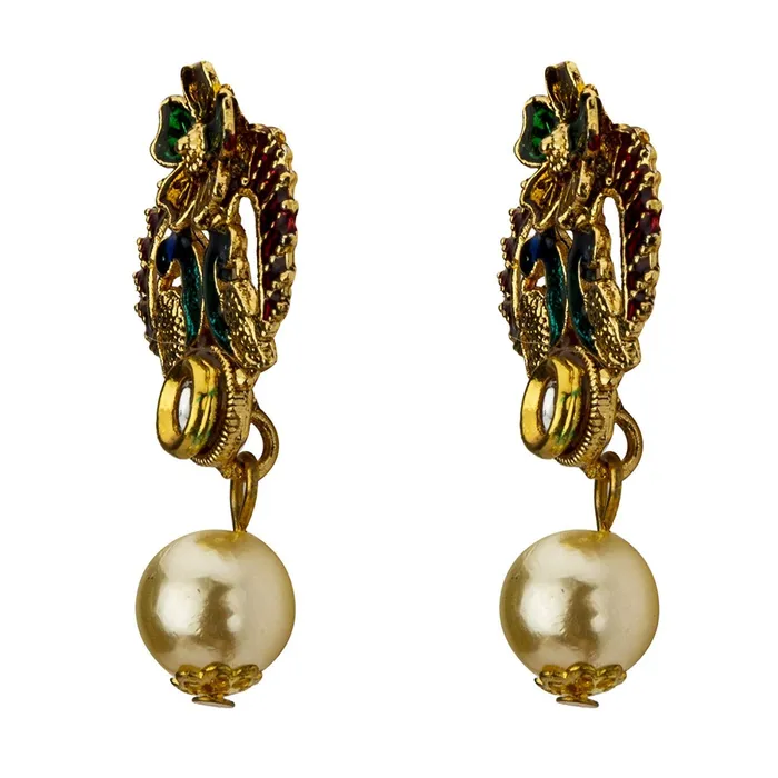 Yellow Chimes Exclusive Traditional Floral Peacock Desaign Pearl Kundan Necklace with Drop Earrings for Women Yellow Chimes Earrings