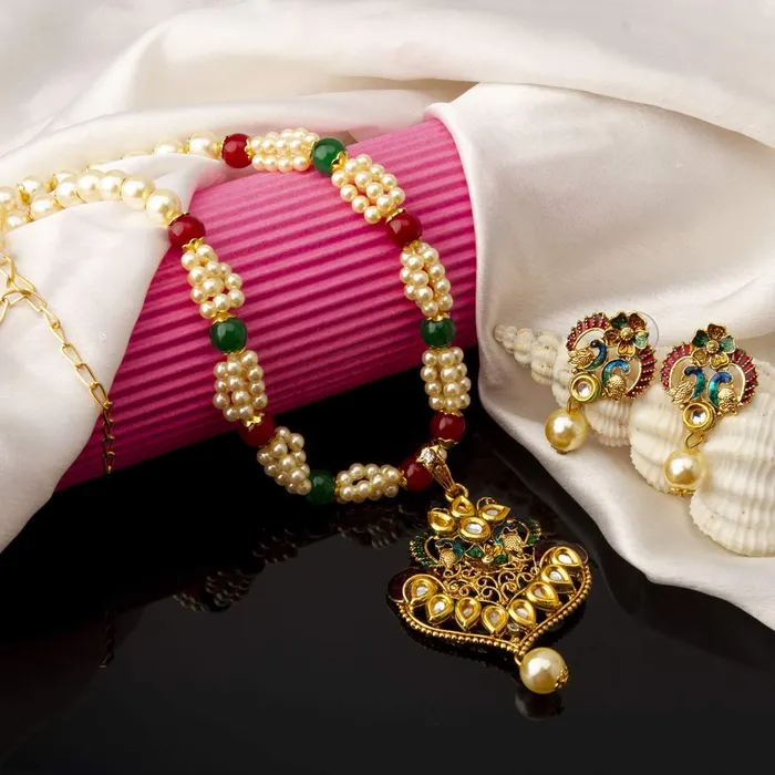 Yellow Chimes Exclusive Traditional Floral Peacock Desaign Pearl Kundan Necklace with Drop Earrings for Women Yellow Chimes Earrings