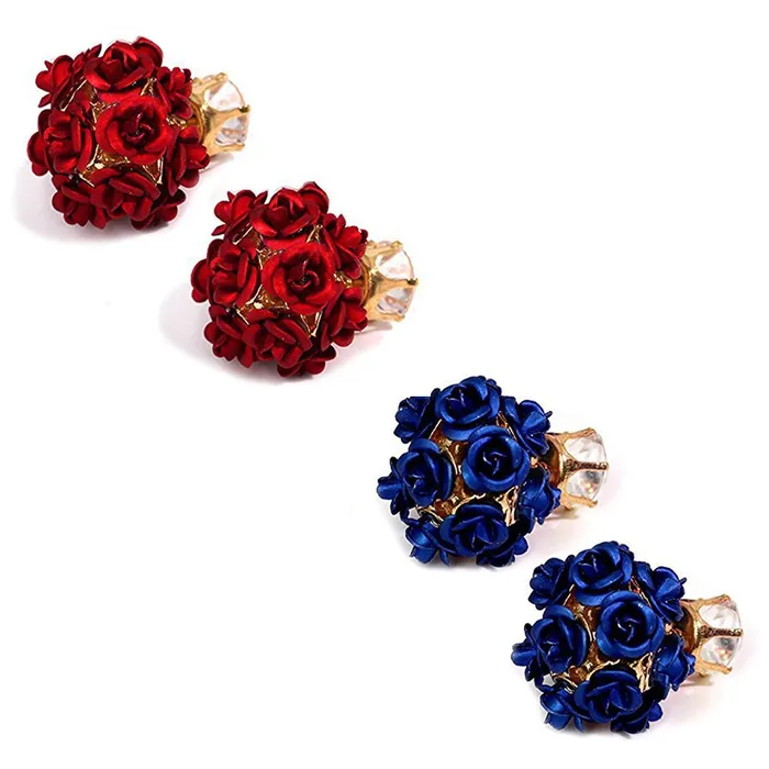 Yellow Chimes Gold Plated Rose Shape Two Sided Stud Earrings for Girls and Women Red and Royal Blue Yellow Chimes Earrings