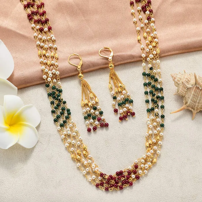 Yellow Chimes Golden Jewellery Set for Women White Pearl MultiLayer Jewellery Gold Plated Traditional Long Chain Necklace Set for Women and Girls Yellow Chimes Necklaces