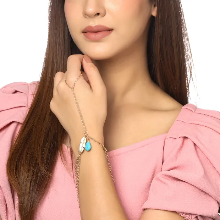 Yellow Chimes Hand Chain For Women Multilayer Gold Plated Blue Stone Feather Charm Hanging Hand Chain For Women and Girls Yellow Chimes Earrings