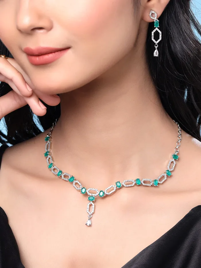 Yellow Chimes Jewellery Set for Women and Girls American Diamond Jewellery Set Silver Tone Green AD Necklace Set Birthday Gift for girls and women Anniversary Gift for Wife Yellow Chimes Necklaces