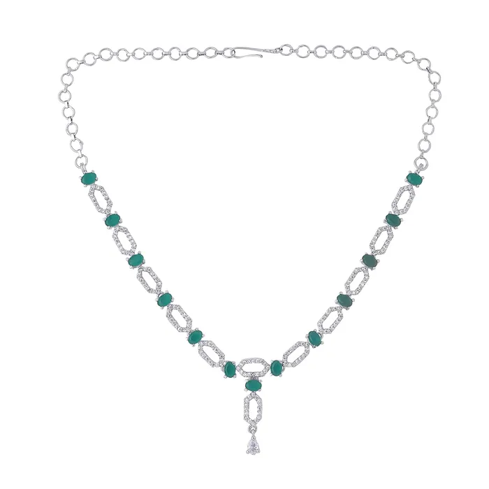 Yellow Chimes Jewellery Set for Women and Girls American Diamond Jewellery Set Silver Tone Green AD Necklace Set Birthday Gift for girls and women Anniversary Gift for Wife Yellow Chimes Necklaces