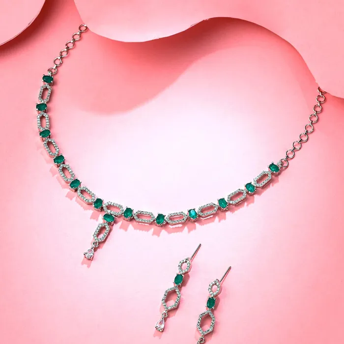 Yellow Chimes Jewellery Set for Women and Girls American Diamond Jewellery Set Silver Tone Green AD Necklace Set Birthday Gift for girls and women Anniversary Gift for Wife Yellow Chimes Necklaces