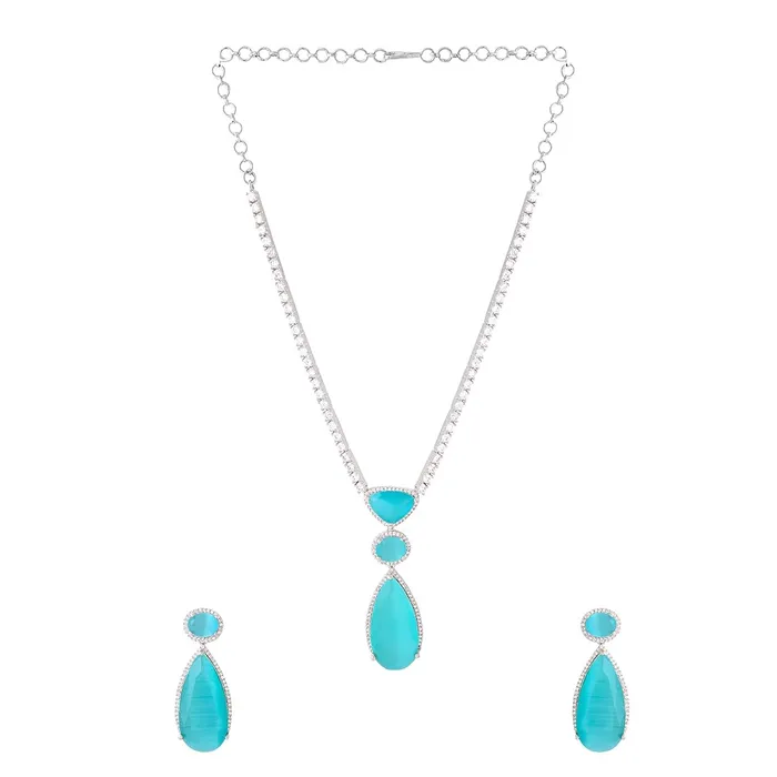 Yellow Chimes Jewellery Set for Women and Girls American Diamond Jewellery Set Silver Tone Green AD Necklace Set for Women Birthday Gift for girls and women Anniversary Gift for Wife Yellow Chimes Necklaces
