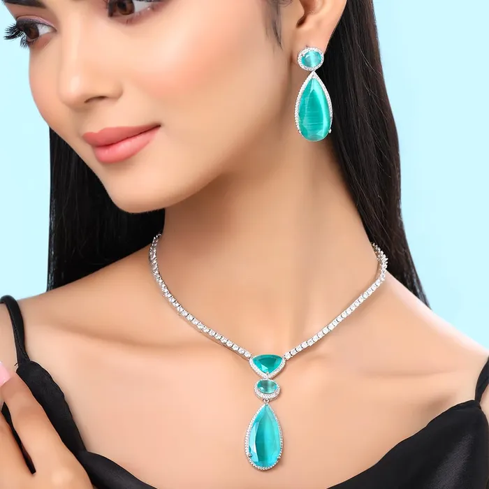 Yellow Chimes Jewellery Set for Women and Girls American Diamond Jewellery Set Silver Tone Green AD Necklace Set for Women Birthday Gift for girls and women Anniversary Gift for Wife Yellow Chimes Necklaces