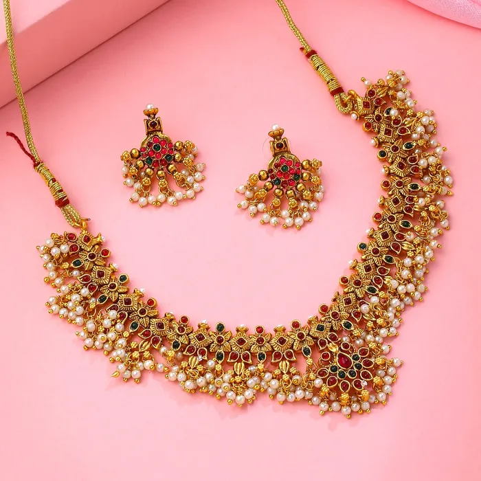 Yellow Chimes Jewellery Set for Women and Girls Gold Plated Bridal Necklace Set for Wedding Moti Beads Bridal Necklace Set Birthday Gift for girls and women Anniversary Gift for Wife Yellow Chimes Necklaces