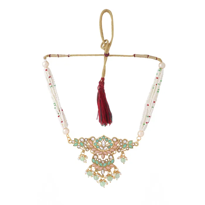 Yellow Chimes Jewellery Set for Women and Girls Kundan Necklace Set Gold Plated Pink Beads Studded Kundan Choker Necklace Set Birthday Gift for girls and women Anniversary Gift for Wife Yellow Chimes Earrings