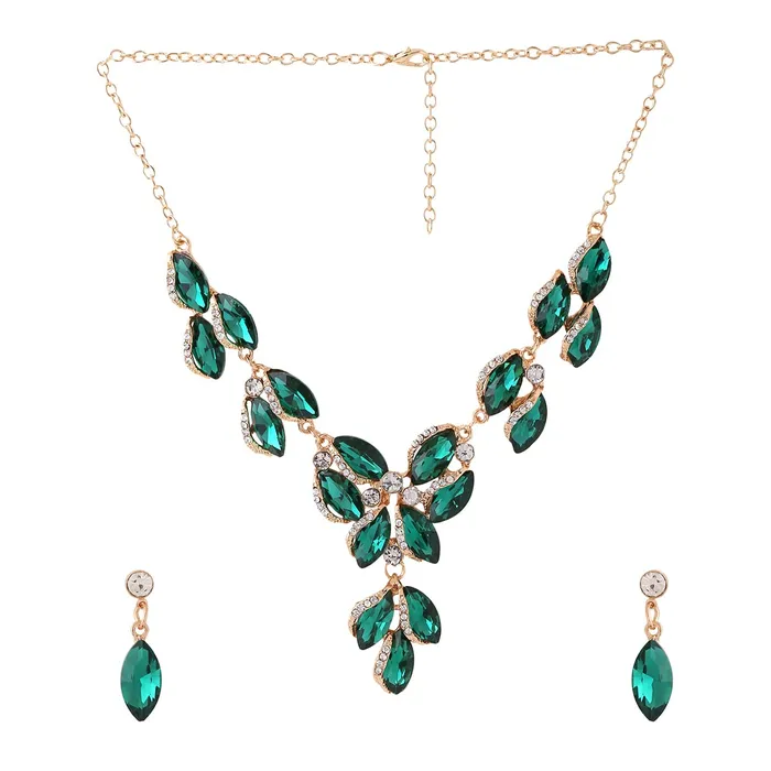 Yellow Chimes Jewellery Set For Women Dark Green Oval Shaped Crystal Studded Necklace Set For Women and Girls Yellow Chimes Rings