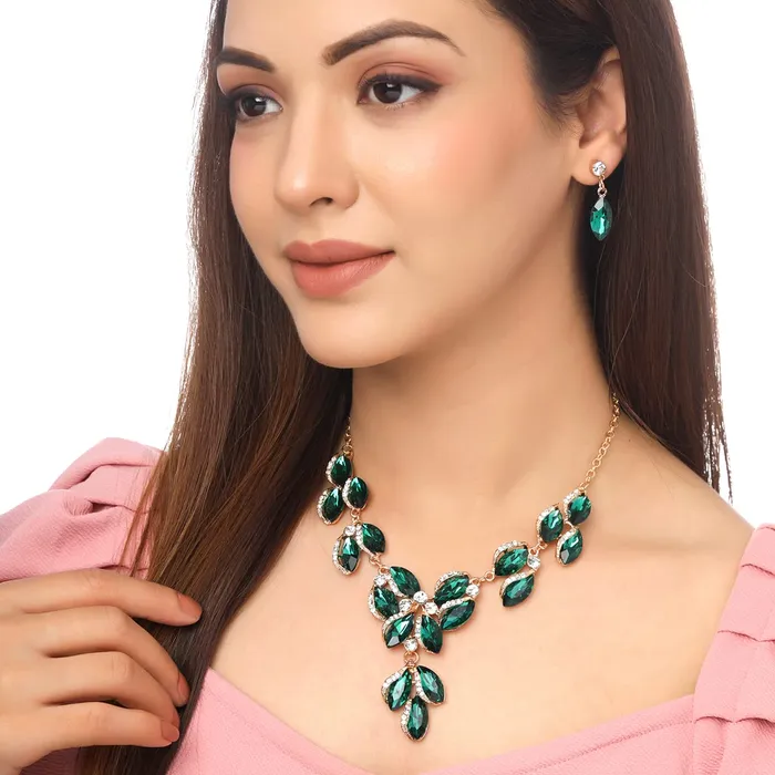 Yellow Chimes Jewellery Set For Women Dark Green Oval Shaped Crystal Studded Necklace Set For Women and Girls Yellow Chimes Rings