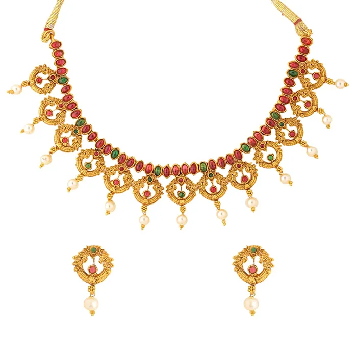 Yellow Chimes Jewellery Set for Women Gold Plated Beads Drop Designed Crystals Studded Bridal Choker Necklace Set for Women and Girls Yellow Chimes Necklaces