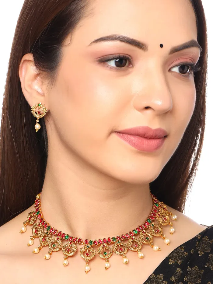 Yellow Chimes Jewellery Set for Women Gold Plated Beads Drop Designed Crystals Studded Bridal Choker Necklace Set for Women and Girls Yellow Chimes Necklaces
