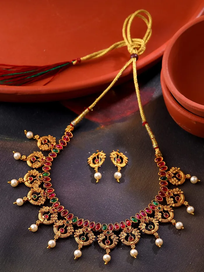Yellow Chimes Jewellery Set for Women Gold Plated Beads Drop Designed Crystals Studded Bridal Choker Necklace Set for Women and Girls Yellow Chimes Necklaces