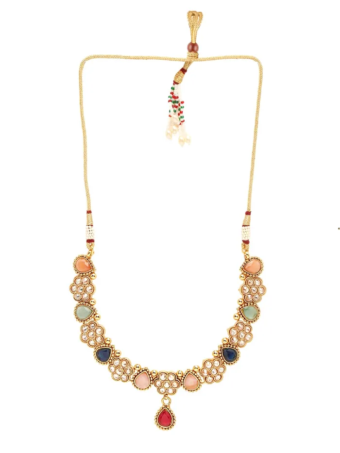Yellow Chimes Jewellery Set for Women Gold Plated Floral Designed Tear Drop Multicolor Crystal Studded Choker Necklace Set with Earrings for Women and Girls Yellow Chimes Necklaces