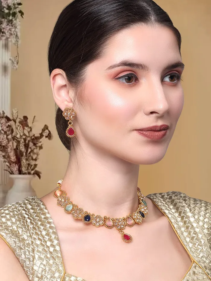 Yellow Chimes Jewellery Set for Women Gold Plated Floral Designed Tear Drop Multicolor Crystal Studded Choker Necklace Set with Earrings for Women and Girls Yellow Chimes Necklaces