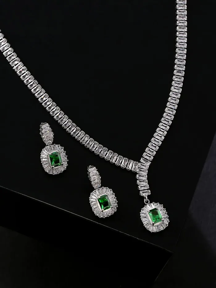 Yellow Chimes Jewellery Set for Women RhodiumPlated Real Green Cubic Zircon Necklace Set Classic CZ Jewellery Set For Women and Girls Yellow Chimes Necklaces