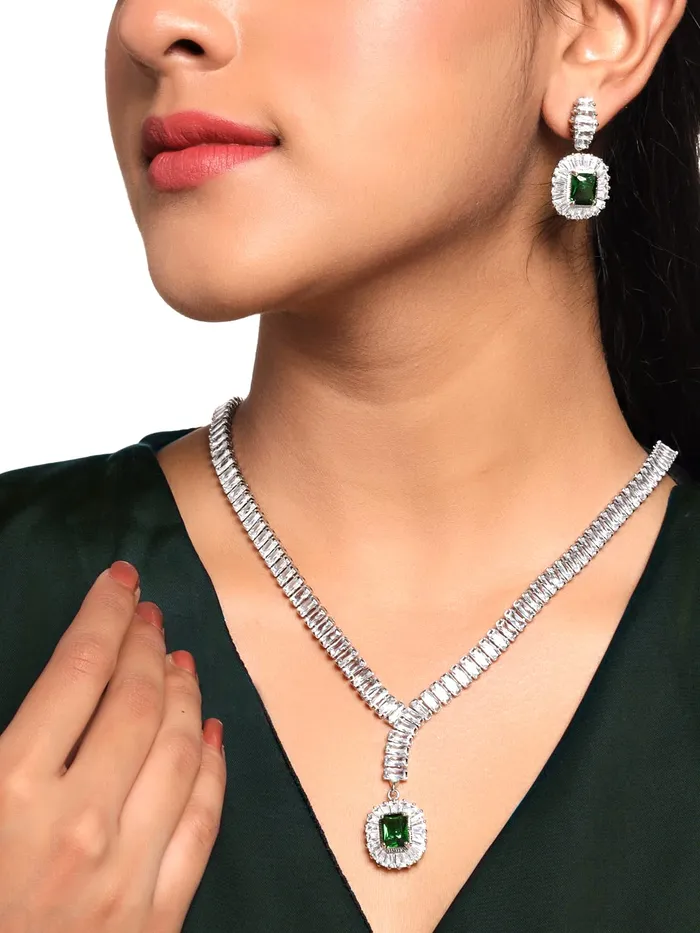 Yellow Chimes Jewellery Set for Women RhodiumPlated Real Green Cubic Zircon Necklace Set Classic CZ Jewellery Set For Women and Girls Yellow Chimes Necklaces