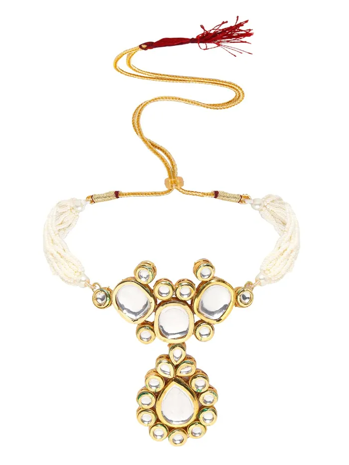 Yellow Chimes Kundan Jewellery Set for Women White Beads Kundan Jewellery Set Ethnic Gold Plated Choker Necklace Set for Women and Girls Yellow Chimes Necklaces