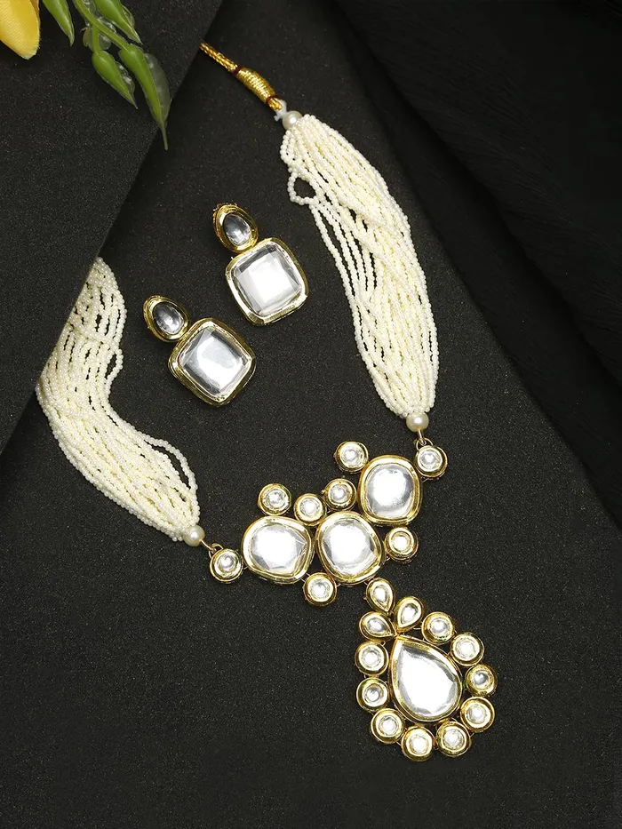 Yellow Chimes Kundan Jewellery Set for Women White Beads Kundan Jewellery Set Ethnic Gold Plated Choker Necklace Set for Women and Girls Yellow Chimes Necklaces
