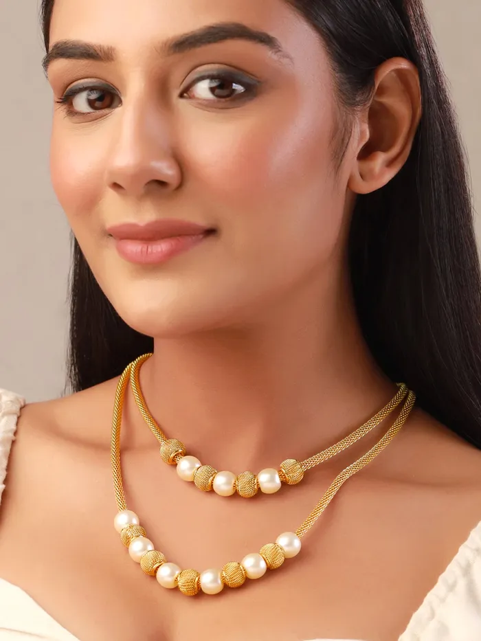 Yellow Chimes Layered Necklace for Women Goldplated Western Pearl Beads Multi layered Chain Necklace for Women and Girl Yellow Chimes Necklaces