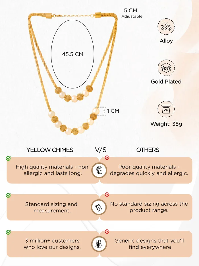 Yellow Chimes Layered Necklace for Women Goldplated Western Pearl Beads Multi layered Chain Necklace for Women and Girl Yellow Chimes Necklaces
