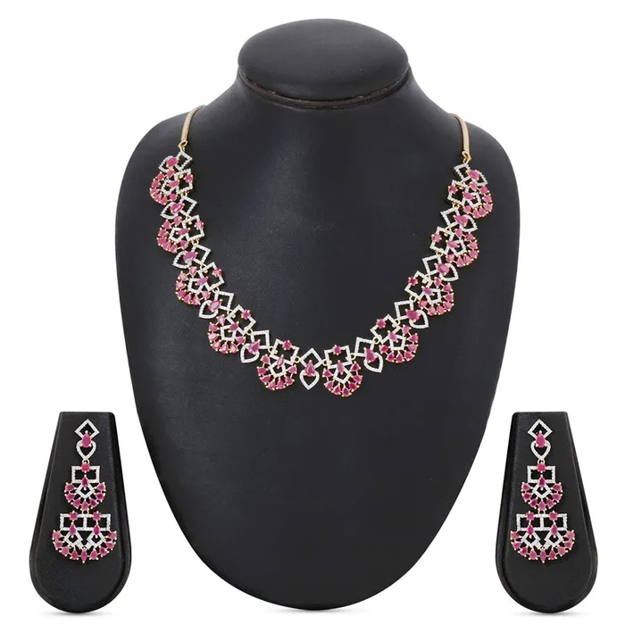 Yellow Chimes Luxurious Looks Pink ADAmerican Diamond Studded 18k Gold Plated Designer Necklace Set Jewellery Set for Women Girls Yellow Chimes Earrings