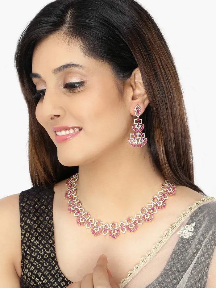 Yellow Chimes Luxurious Looks Pink ADAmerican Diamond Studded 18k Gold Plated Designer Necklace Set Jewellery Set for Women Girls Yellow Chimes Earrings