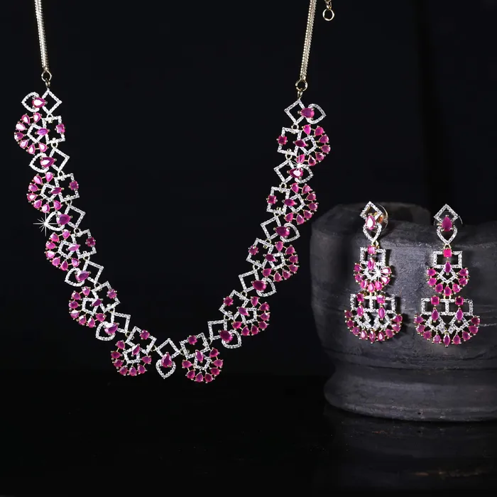 Yellow Chimes Luxurious Looks Pink ADAmerican Diamond Studded 18k Gold Plated Designer Necklace Set Jewellery Set for Women Girls Yellow Chimes Earrings