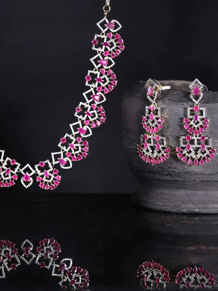 Yellow Chimes Luxurious Looks Pink ADAmerican Diamond Studded 18k Gold Plated Designer Necklace Set Jewellery Set for Women Girls Yellow Chimes Earrings