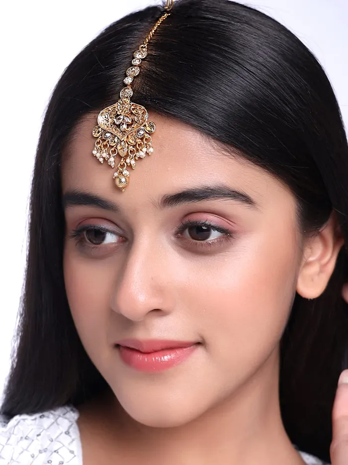 Yellow Chimes Maang Tikka for Women Gold Toned Pearl Drop Maang Tikka for Women and Girls Yellow Chimes Earrings