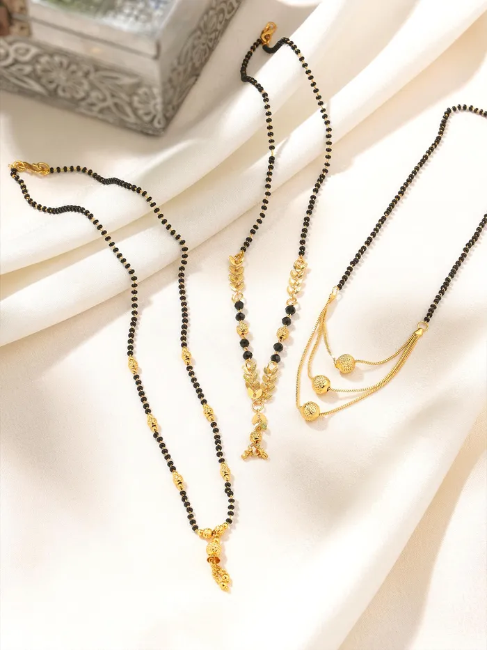 Yellow Chimes Mangalsutra for Women Combo of 3 Pcs Gold Plated Black Beads Mangal Sutra Pendant Necklace for Women and Girls Yellow Chimes Earrings