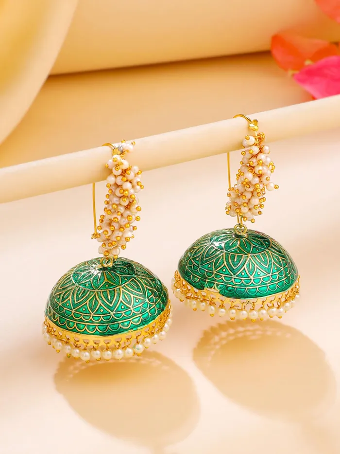 Yellow Chimes Meenakari Jhumka Earrings Handcrafted Gold toned Traditional Multicolor JhumkaJhumki Earrings for Women and Girls Green Big Jhumka Yellow Chimes Earrings