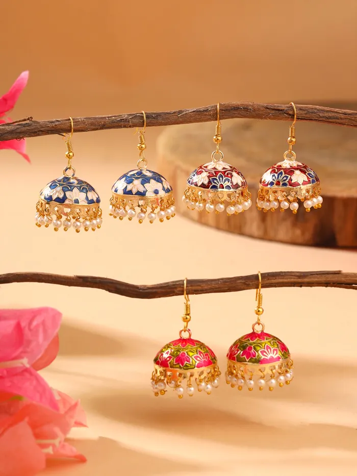 Yellow Chimes Meenakari Jumka Earrings with Ethnic Design Gold Plated Traditional Beads Combo of 3 pair for Women and Girls Yellow Chimes Earrings