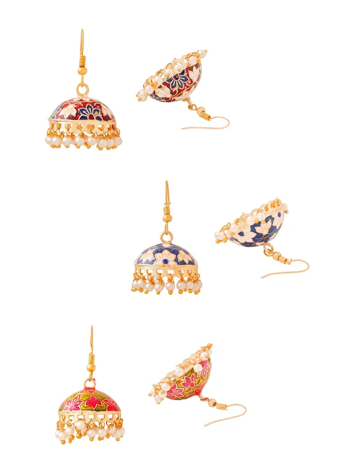 Yellow Chimes Meenakari Jumka Earrings with Ethnic Design Gold Plated Traditional Beads Combo of 3 pair for Women and Girls Yellow Chimes Earrings